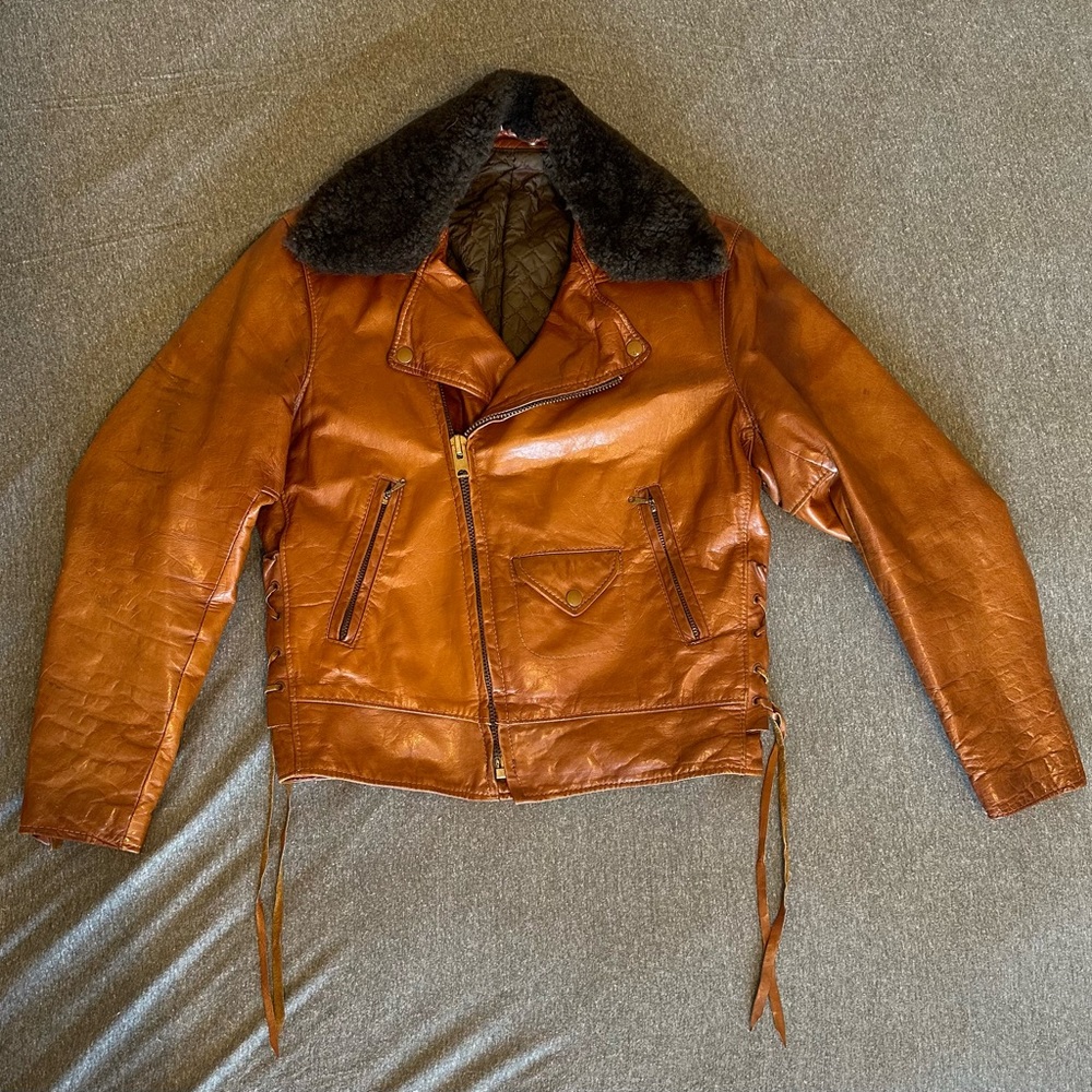 Golden Bear tan leather moto jacket with sherpa lapel size 40